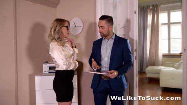 Busty secretary has other plans with the young manager on breastful.com