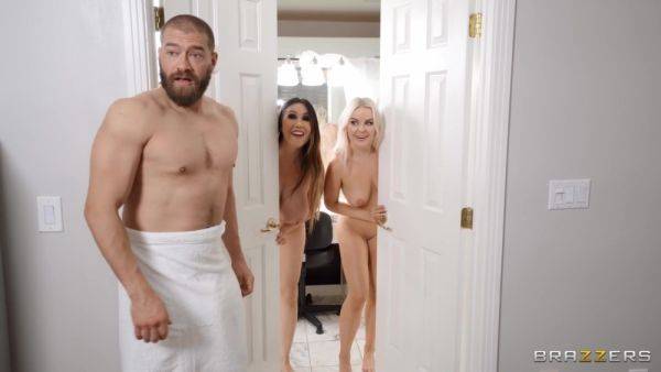 Bearded dude Xander Corvus bangs three busty bitches in bed on breastful.com