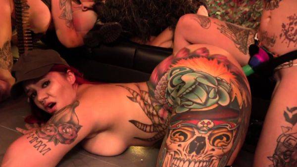 Wild eight girl orgy with busty tattooed hotties on breastful.com