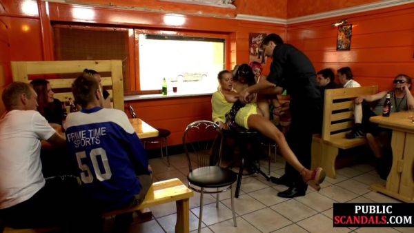 Busty public slut fucked and mouthjizzed in public pub on breastful.com