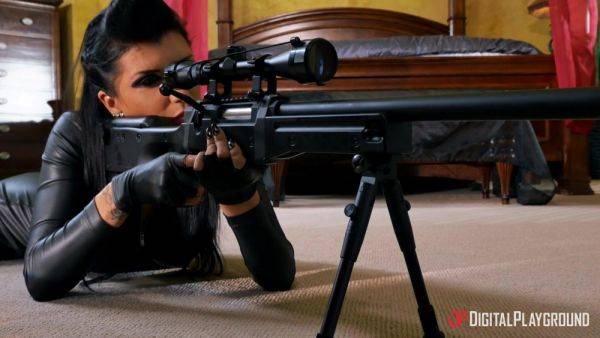 Busty brunette sniper fucked by a group of men in dirty role play on breastful.com