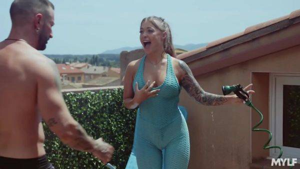 Misha Maver gets wet - Full Service Trainer - outdoor workout wityh busty babe with pierced nipples on breastful.com