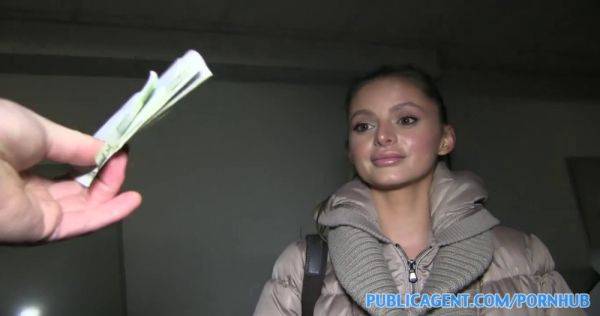 Watch this busty blonde babe give a sloppy blowjob in public for cash on breastful.com