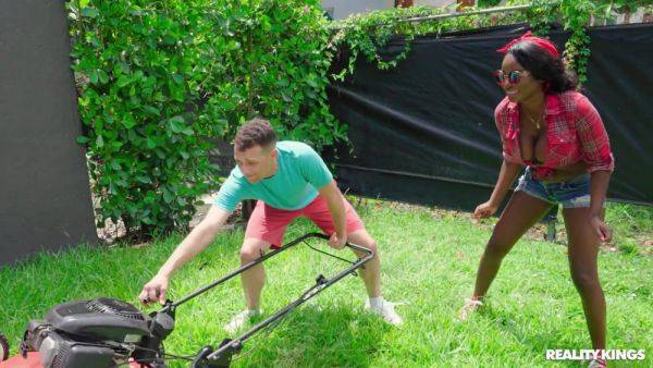 Busty black babe gets laid with the young gardener on breastful.com