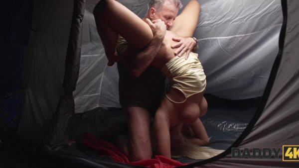 Slutty Sexy Busty Blonde Cheats On Her Rude BF With His Amiable Old Dad During the Night-time Hiking on breastful.com