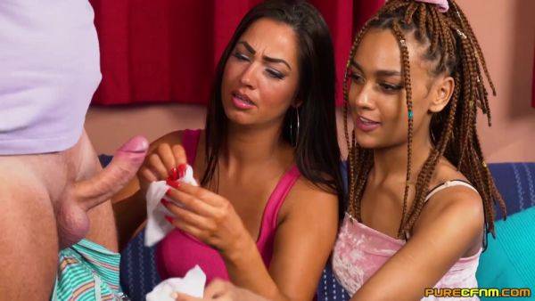 Busty Curvy Brunette & Lovely Sexy Ebony Tease an Old Man With Lap Twerk & Please Him With Handjob on breastful.com