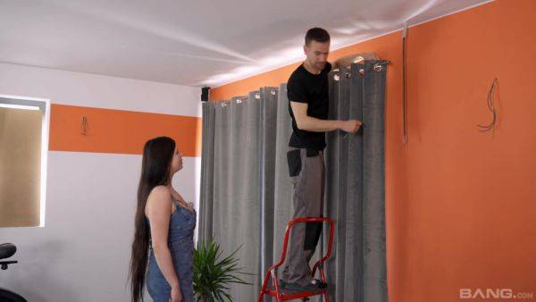 Repair man fucks busty beauty hardcore and comes on her tits on breastful.com