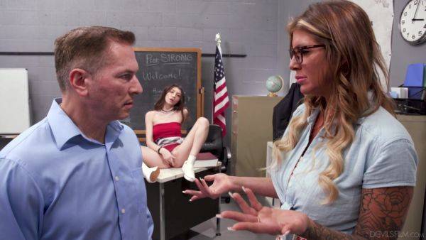 Insolent schoolgirl fucks with her stepdad and the busty teacher on breastful.com