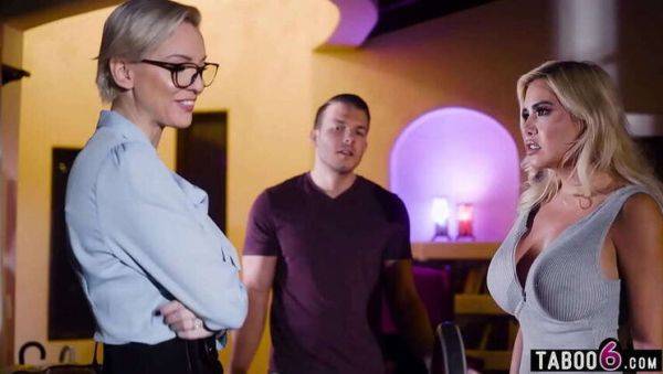 Busty stepmoms Kenzie Taylor and Caitlin Bell in a steamy threesome; stepson steps in on breastful.com