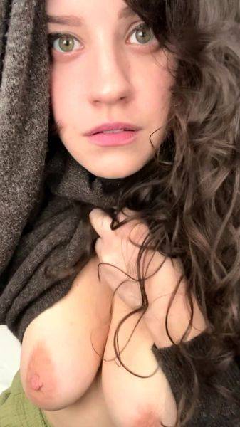 Busty curly brunette with big boobs fucks on couch on breastful.com