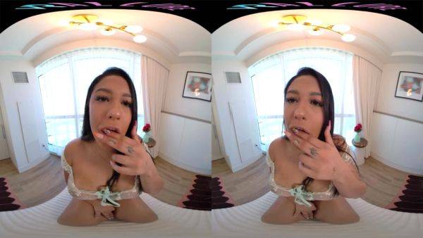 Busty Latina Beauty Masturbates With Her Toy With Virtual Reality And Serena Santos on breastful.com