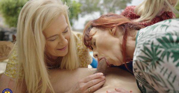 Busty old sluts work cock together in sunny group scenes on breastful.com