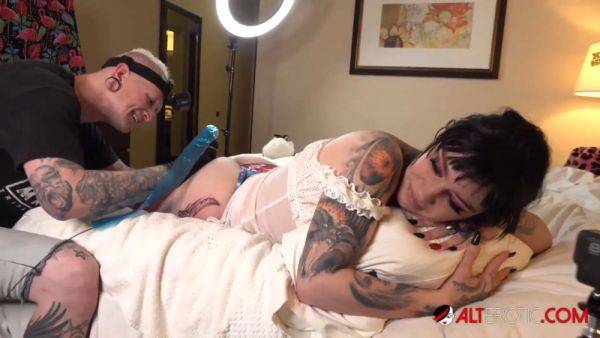 Busty brunette Misha Montana gets a new leg tattoo on breastful.com