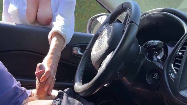 Sexy Busty MILF Helps a Stranger Cum, Milking His Dick Through the Car Window on breastful.com
