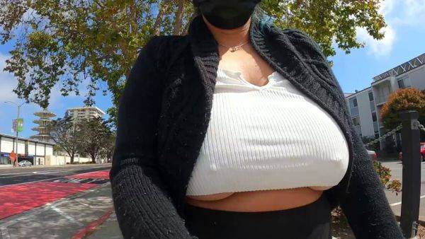 Busty curly brunette with big boobs fucks on couch on breastful.com