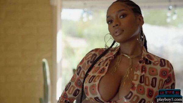Busty Ebony MILF Nyla Flaunts Her Huge Natural Tits - Playboy Striptease on breastful.com