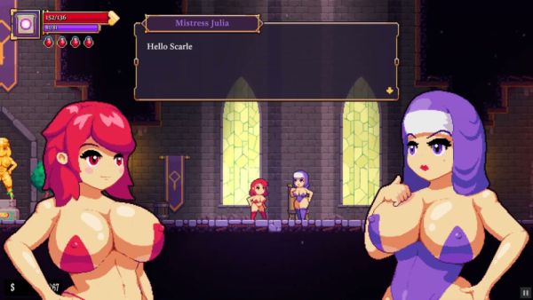 Red-haired heroine explores a mystical pixel world in this fantasy RPG adventure on breastful.com