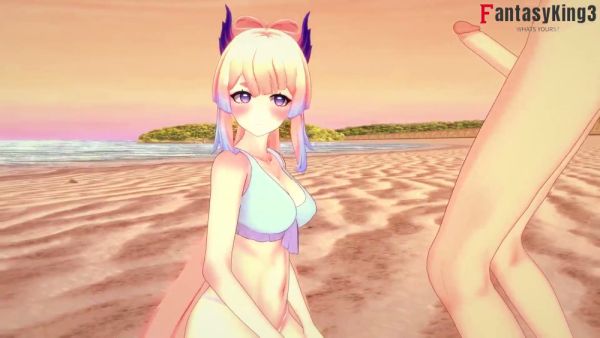 Blonde anime girl in blue bikini enjoys passionate beach sex under the sunset on breastful.com