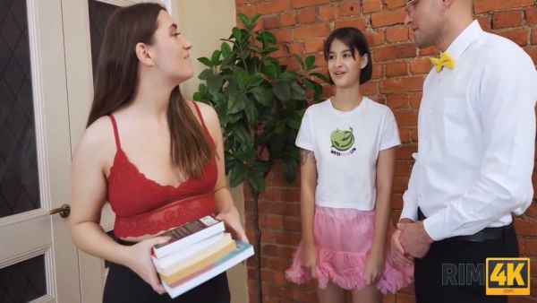 Two women and a bespectacled man explore rimming during a school-themed encounter - Russia on breastful.com