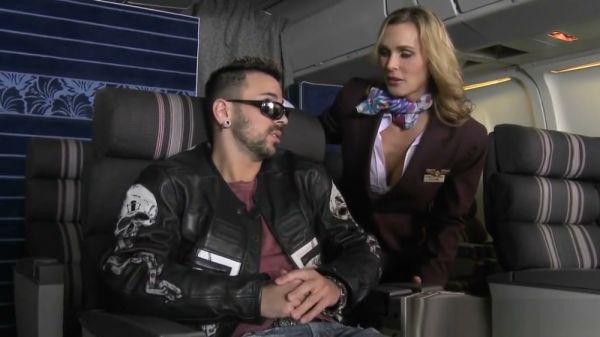 Clothed flight attendants and a police officer join two naked men in a steamy foursome on breastful.com