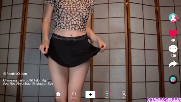 Youthful cam girl teases in lace panties while testing skirts for tonight's stream on breastful.com