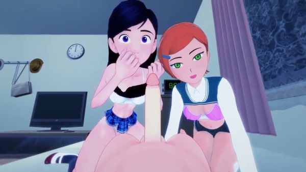 Two anime girls welcome a man in a 3D Hentai POV threesome on breastful.com