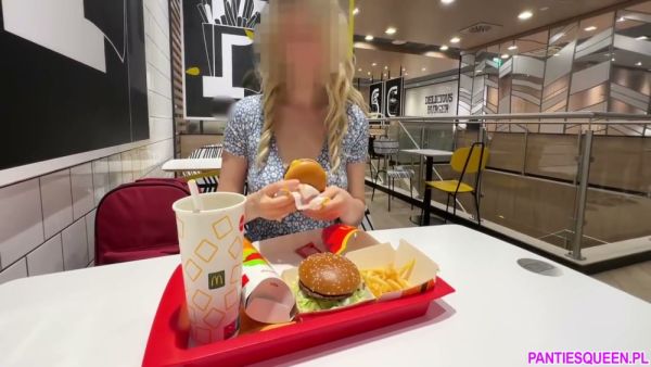 Blonde flashes shaved pussy and masturbates under restaurant table on breastful.com