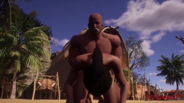 Black couple lost in passion on a tropical beach in vivid 3D animation on breastful.com