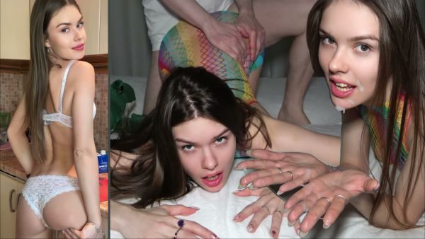 Petite student rides her partner in the kitchen before taking a facial on breastful.com