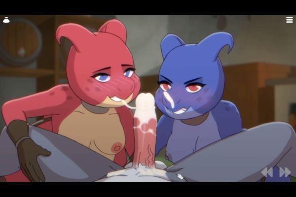 Two lizard women share a wolf man in a dungeon threesome with face sitting and oral on breastful.com