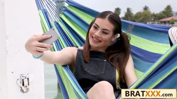 Pigtailed brunette teen with glasses practices on a banana before riding big cock on breastful.com