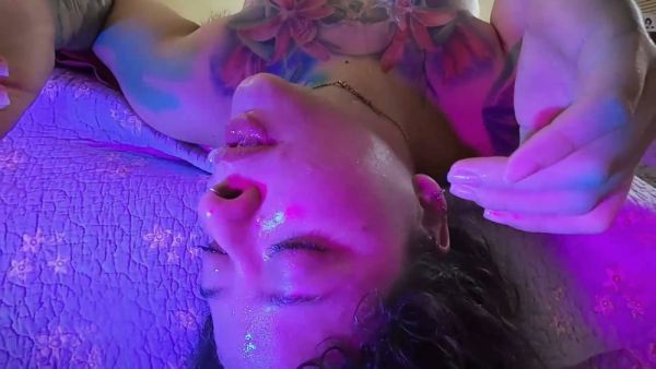 Tattooed brunette takes a thick cock deep with glossy lips and ends in a facial on breastful.com