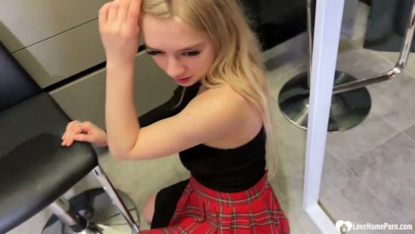 Long-haired blonde girlfriend goes down on her muscular boyfriend in the kitchen on breastful.com