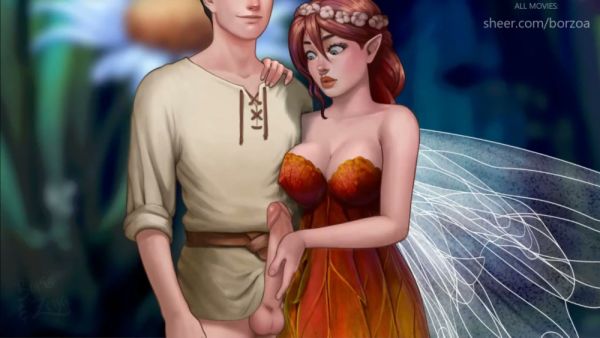 Slender fairy with natural large breasts mounts a man in a glowing forest fantasy on breastful.com