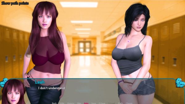 Animated redhead and brunette tease in a vibrant 3D school corridor on breastful.com