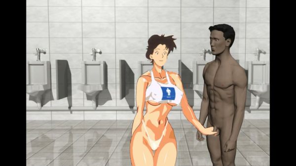 Keiko gives a handjob to a muscular man in a public bathroom on breastful.com