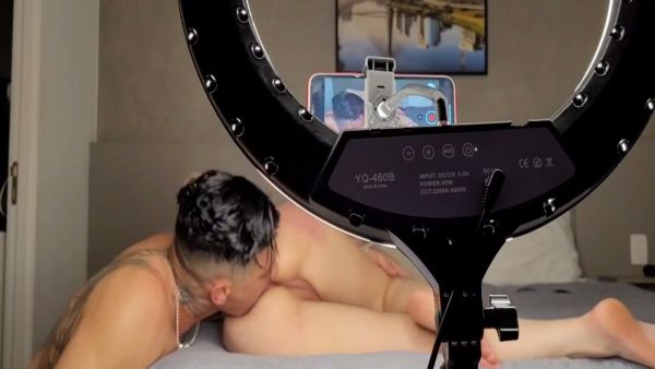 Tattooed redhead girlfriend rides her man in behind-the-scenes bedroom session on breastful.com