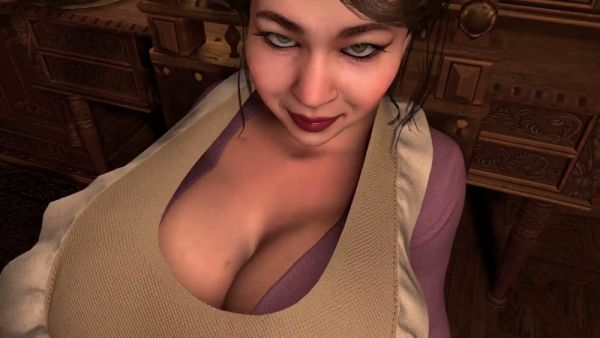 Voluptuous maid in purple dress takes him deep after pleasuring him orally in 3D fantasy on breastful.com