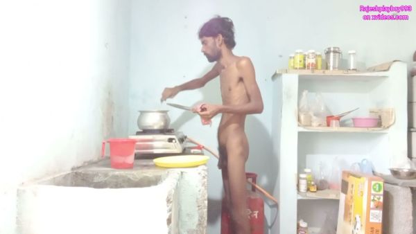 Skinny purple-haired man spanked and fingered by hairy BBC lover in the kitchen on breastful.com