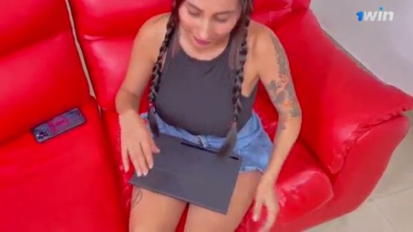 Asian MILF masturbates on a red couch and gets licked and fucked in the ass on breastful.com