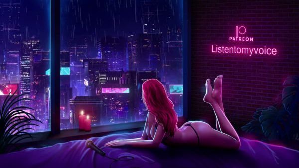 Pink-haired fantasy girl teases in a moody bedroom lit by neon and candlelight on breastful.com