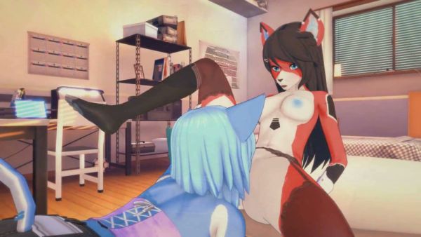 Two anthropomorphic women share a passionate lesbian moment in a 3D animated room on breastful.com