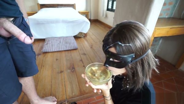 Brunette chokes on cock and drinks piss from a glass in rough oral session on breastful.com