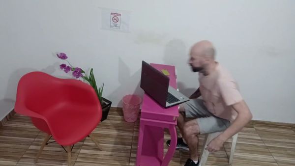 Redheaded employee pleads with her boss during a rough office domination session on breastful.com