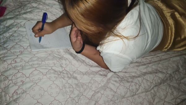 Petite brunette with blonde highlights shares intimate moments in bed on breastful.com