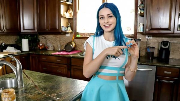 Blue-haired influencer takes on her stepbrother in a forbidden kitchen encounter on breastful.com