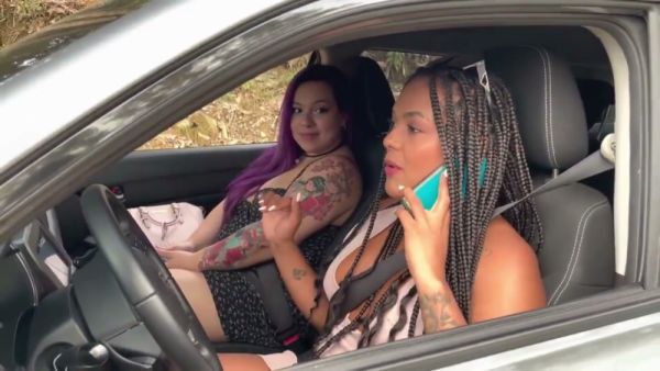 Two women ignite passion in a parked car after a wild party on breastful.com