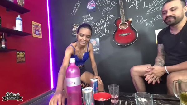 Skinny brunette with natural tits seduces tattooed man in a neon-lit casting session on breastful.com