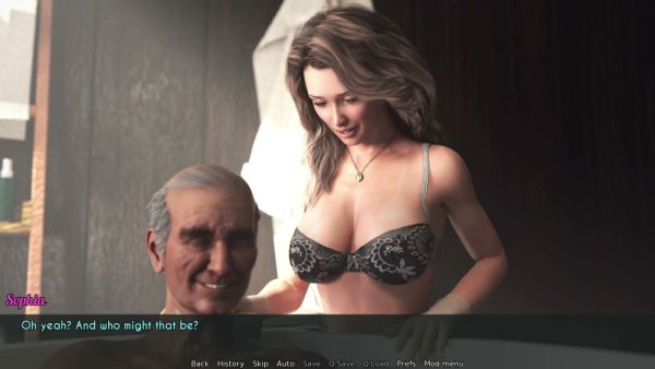 Young woman washes an older man in a 3D animated bathroom scene on breastful.com