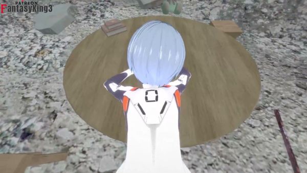 Rei Ayanami leans over a table in the ruins, flashing her big ass in POV view on breastful.com